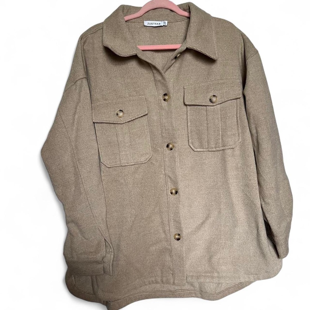 JustFab Oatmeal Utility Jacket Oversized Button Up Neutral Tan XXL CA2356570